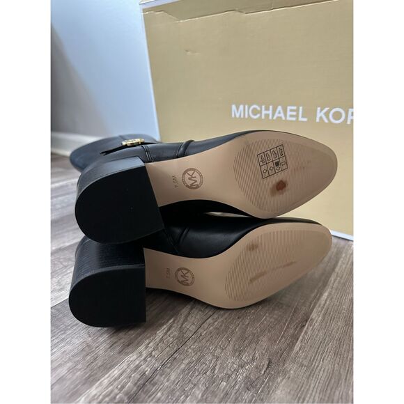NWT Michael Kors Side Zip Block Heel Leather Carmen Riding Boots Black Size 7.5